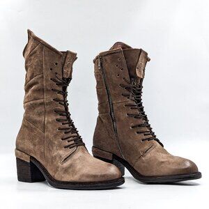 AS98 Women Jasper Light Brown Leather Lace Zip Moto Combat Boots 9-9.5US EUR 40